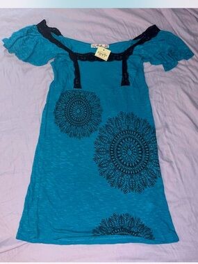 NWT Y2K 2007/2008 Deadstock Giraffe HTJ Blue Blouse with Black Lace Trim